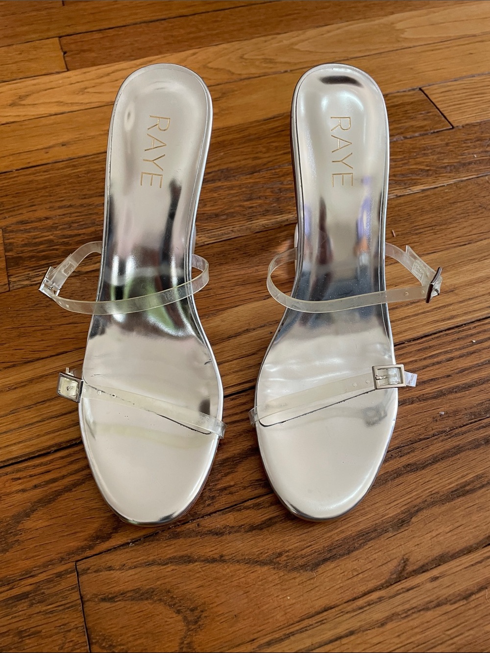 RAYE Silver Clear-Strap Mules